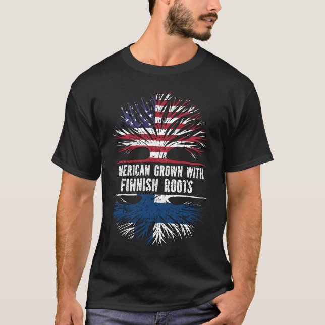 American Grown with Finnish Roots USA Flag T-Shirt (Front)