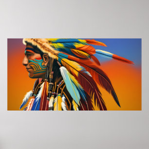 American Indian Man feathers Orange blue tattoo Poster