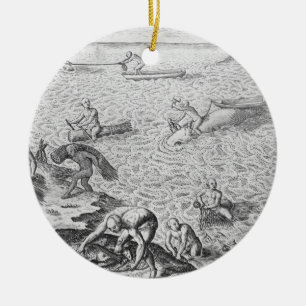 American Indian method of whaling, from an account Ceramic Ornament