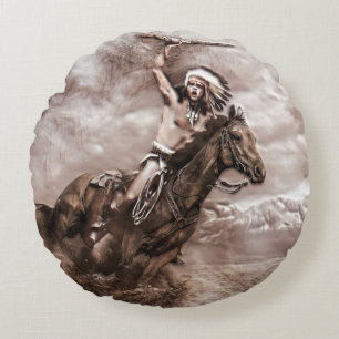 American Indian Riding Horse Round Pillow