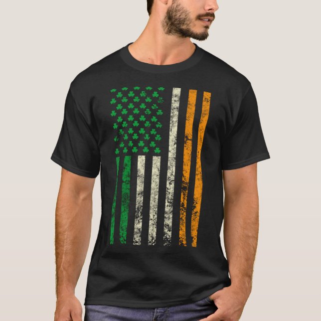 American Ireland Flag Shamrock Irish Patricks Day  T-Shirt (Front)