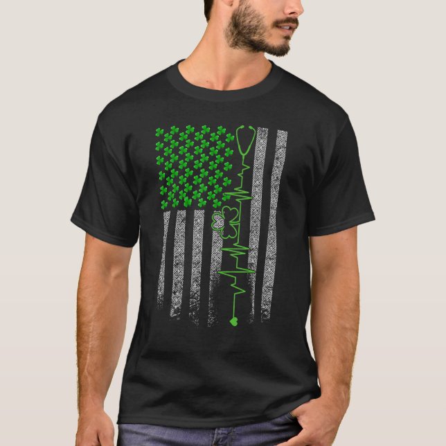 American Irish Nurse Stethoscope Heartbeat Shamroc T-Shirt (Front)