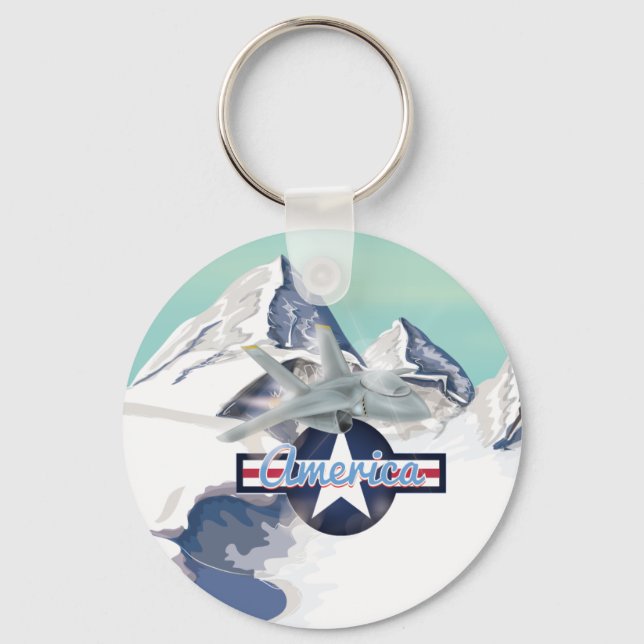 American Jet Plane Flying over Rocky Mountains Keychain (Front)