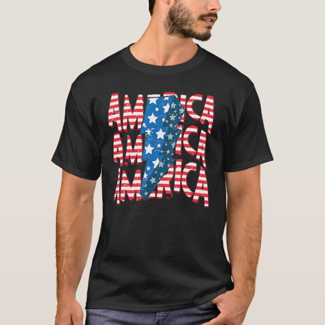 American Lightning Bolt USA Flag 4th Of July Indep T-Shirt (Front)