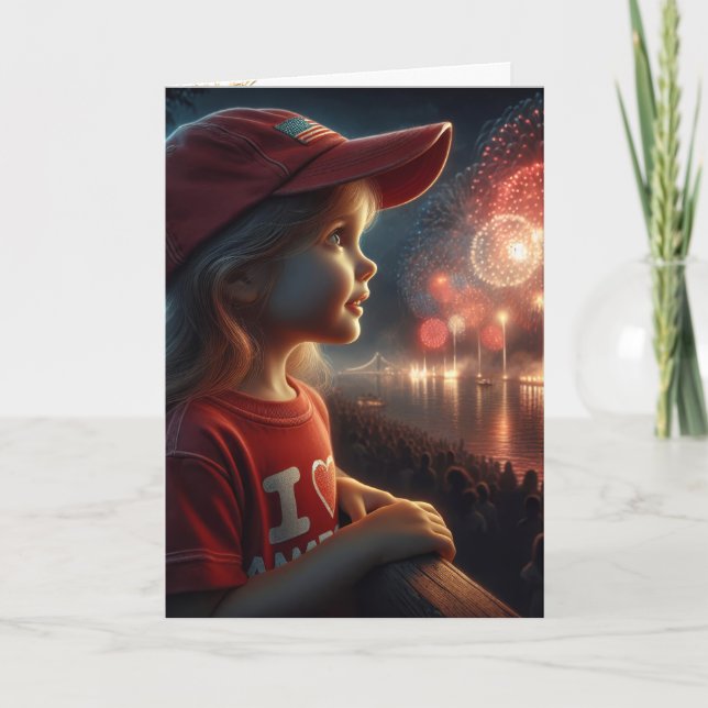 American Little Girl Watching Fireworks Card (Front)