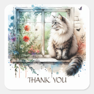 American Longhair Cat in Window Summer Flowers Square Sticker