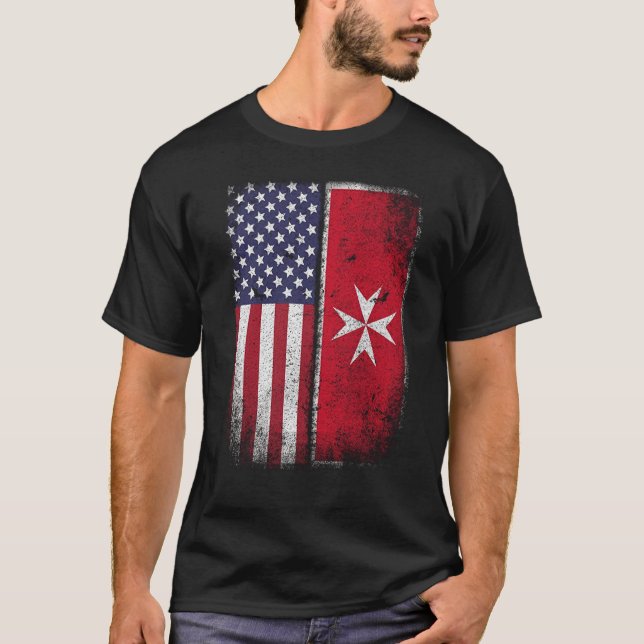 American Maltese Flag T-shirt Malta Heritage Cross (Front)