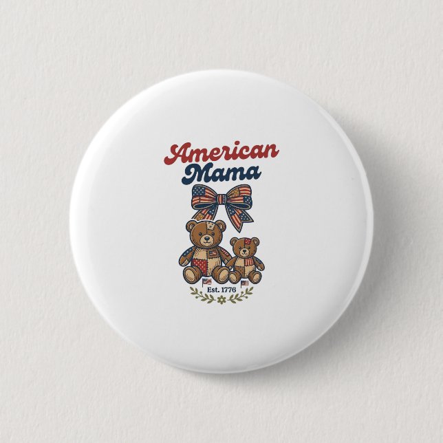 American Mama Patriotic Bear Patchwork Vector Desi 2 Inch Round Button (Front)