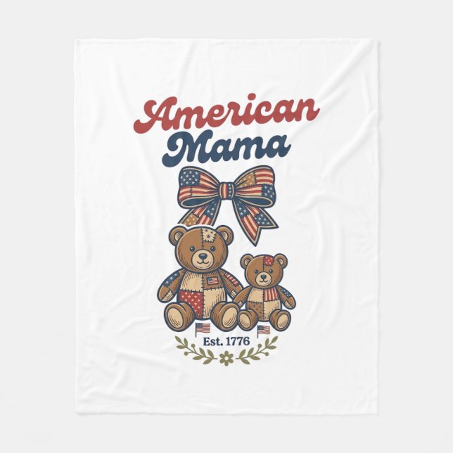 American Mama Patriotic Bear Patchwork Vector Desi Fleece Blanket (Front)