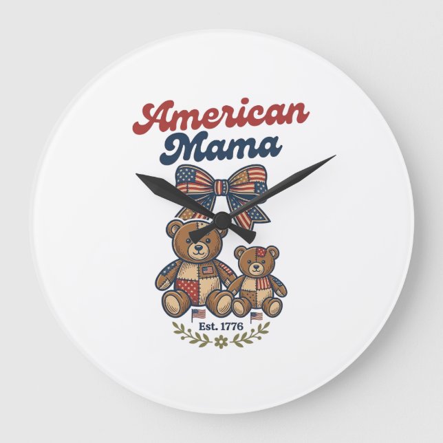 American Mama Patriotic Bear Patchwork Vector Desi Large Clock (Front)