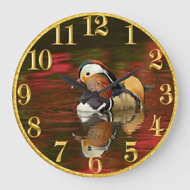 American Mandarin duck in water Gold Clock (Front)