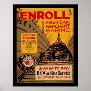 American Merchant Marine Enrol Today Vintage WPA Poster
