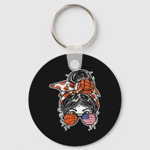 American Messy Bun Hair Girl Usa Flag Sketll Fans Keychain