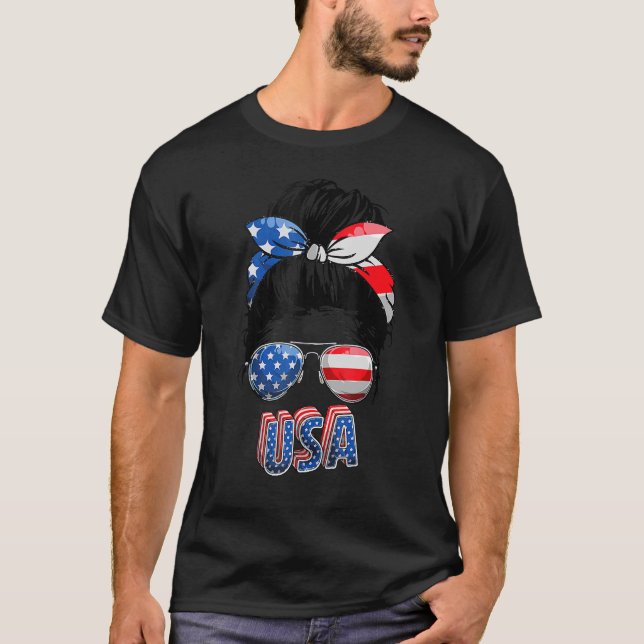 American Mom Life Messy Bun Women 4th Of July Girl T-Shirt (Front)