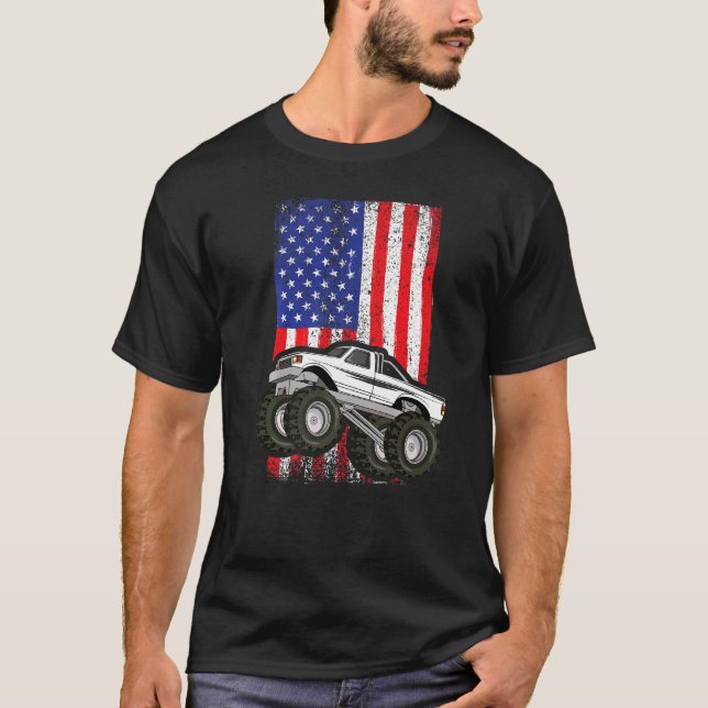 American Monster Truck Crushing Car Usa Flag Patri T-Shirt (Front)