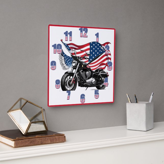 American motorcycle with a flag in the background square wall clock (Office)