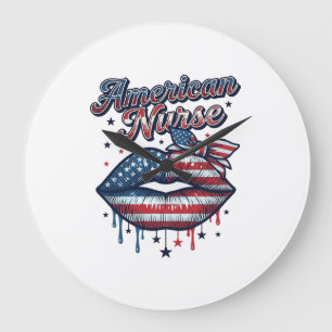 American Nurse Patriotic Lips Vector Shirt Design_ Large Clock