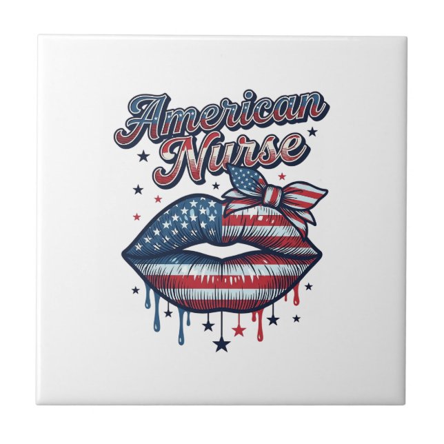 American Nurse Patriotic Lips Vector Shirt Design_ Tile (Front)