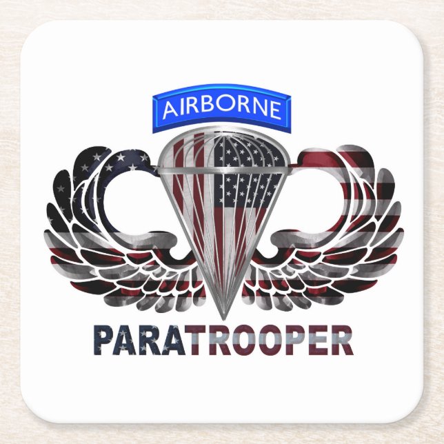 American Paratrooper with American Flag Square Paper Coaster (Front)