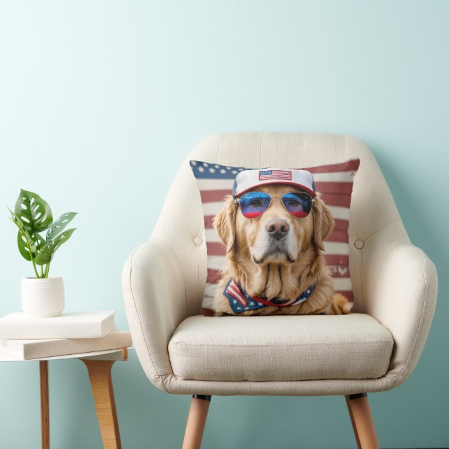 American Patriotic Golden Retriever Throw Pillow (Chair)