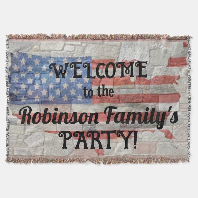American Patriotic Map Flag Wall Calligraphy Text  Throw Blanket (Front)