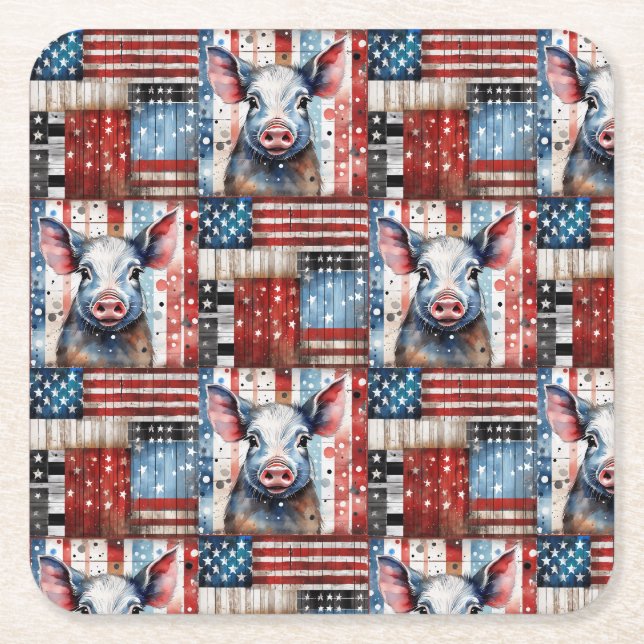 American Pig Farm folk art Square Paper Coaster (Front)