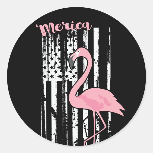 American Pink Flamingo USA White Flag Classic Round Sticker (Front)