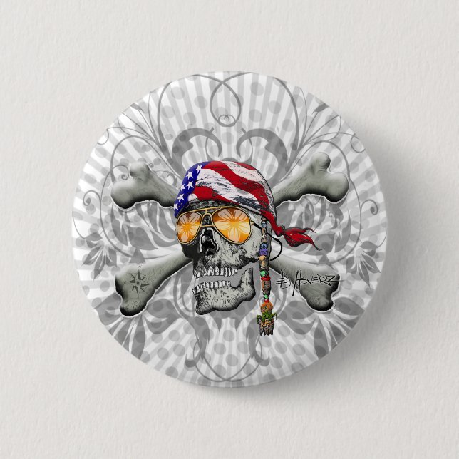 American Pirate Skull and Cross Bones 2 Inch Round Button (Front)