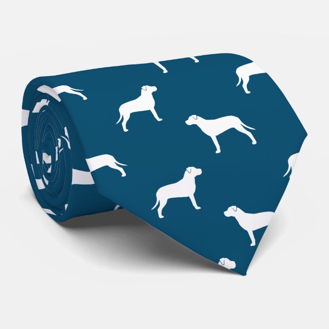 American Pit Bull Terrier Silhouettes Pattern Blue Tie (Rolled)