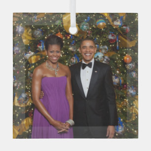 American President Barack Obama on Christmas Card Glass Ornament