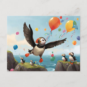 American puffins cliff water balloons postcard