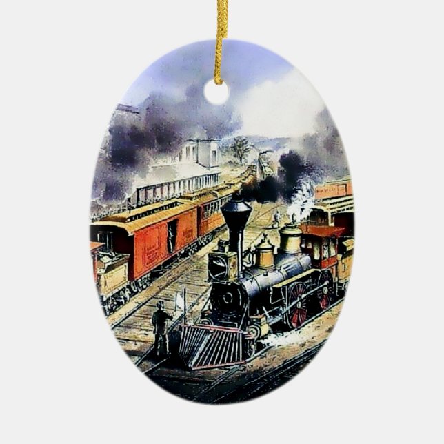 American railroad steam engine trains ceramic ornament (Front)