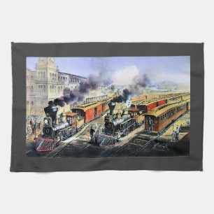 American railroad steam engine trains kitchen towel