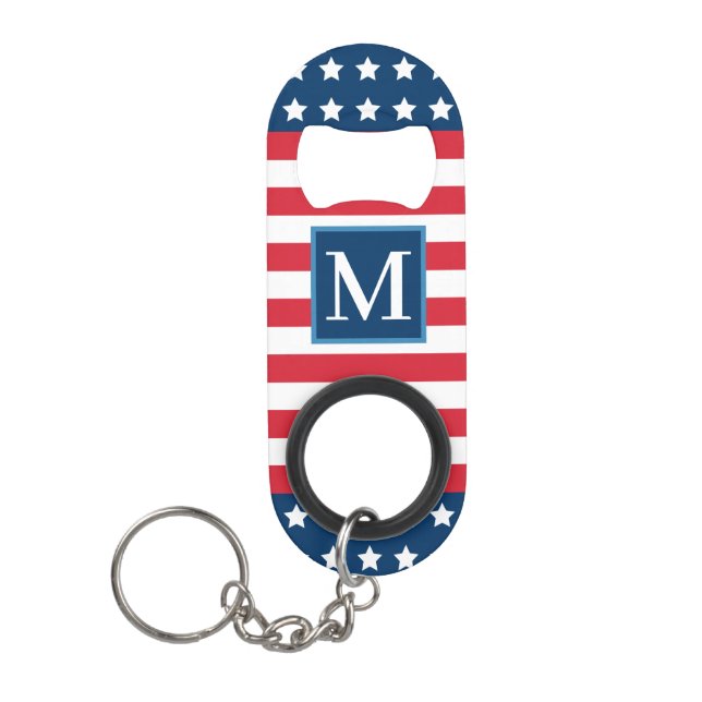American Red White Blue Custom Monogram Initial Keychain Bottle Opener (Front)