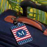 American Red White Blue Custom Monogram Initial Luggage Tag<br><div class="desc">Travel in patriotic style with this monogrammed luggage tag. Features a United States of America flag inspired design with stars and stripes in classic red,  white,  and blue American colours. Personalize the custom monogram with your family's last name initial letter.</div>