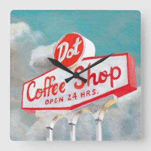 American Roadside   Coffee Shop Sign Square Wall Clock
