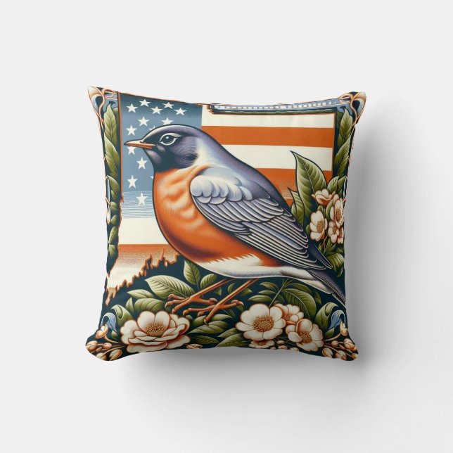 American Robin and Mountain-Laurel Flower State Throw Pillow (Front)
