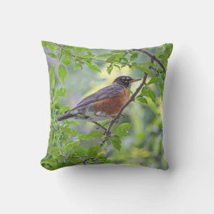 American Robin Bird in Tree Green Leaves Outdoor Pillow