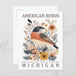 American Robin Bird of Michigan USA Travel Postcard