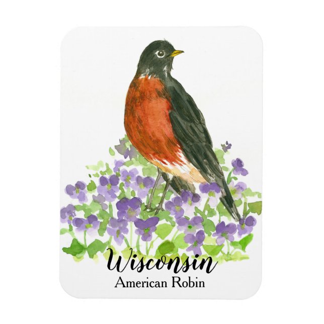 American Robin Bird Wood Violets Personalized Magnet (Vertical)