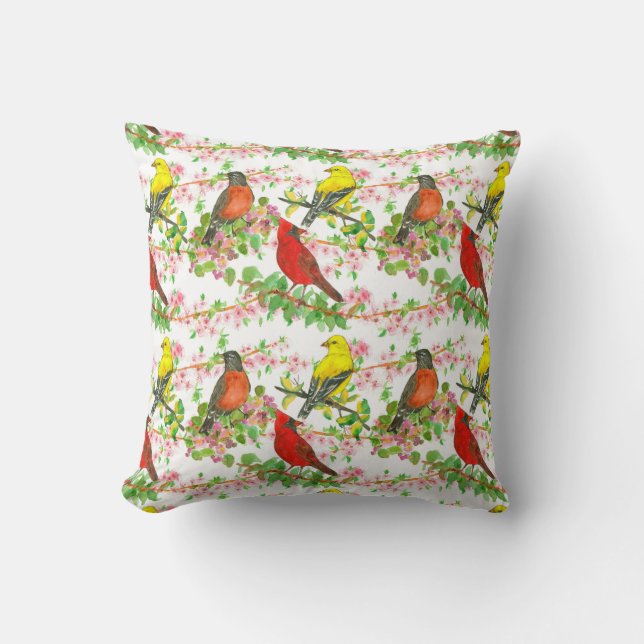 American Robin Cardinal Goldfinch Birds Throw Pillow (Front)