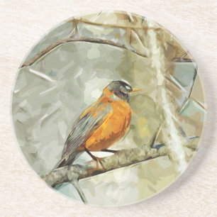 American Robin in a Tree Abstract Impressionism Coaster