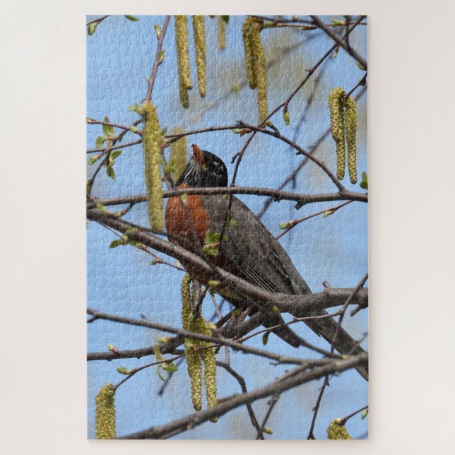 American Robin perched on branch with catkins Jigsaw Puzzle (Vertical)
