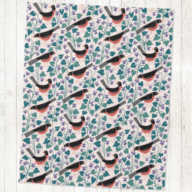 American Robin Violet Anemone Bird Flower Fleece Blanket (American robin redbreast bird wood violet anemone flower arts and crafts style block print blanket)