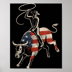 American Rodeo Bull Rider USA Flag Patriotic Poster