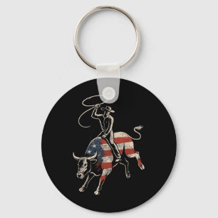American Rodeo Bull Rider Usa Flag Patriotic Weste Keychain