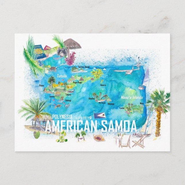 American Samoa Illustrated Island Travel Map Postcard (Front)
