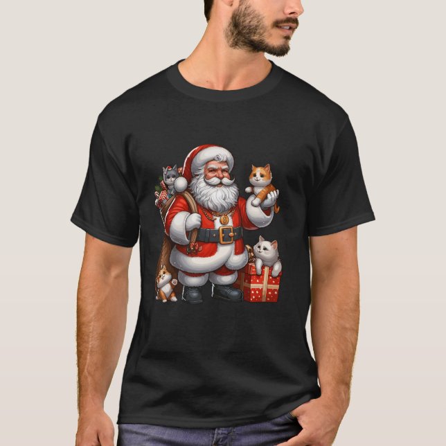 American Santa Claus Holding Cat Present Xmas T-Shirt (Front)
