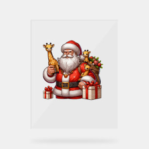 American Santa Claus Holding Giraffe Present Xmas Acrylic Sign