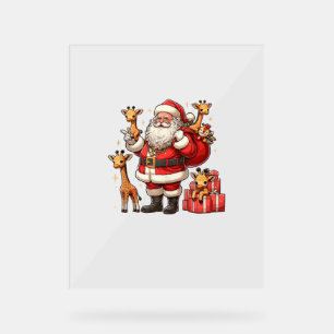American Santa Claus Holding Giraffe Present Xmas Acrylic Sign